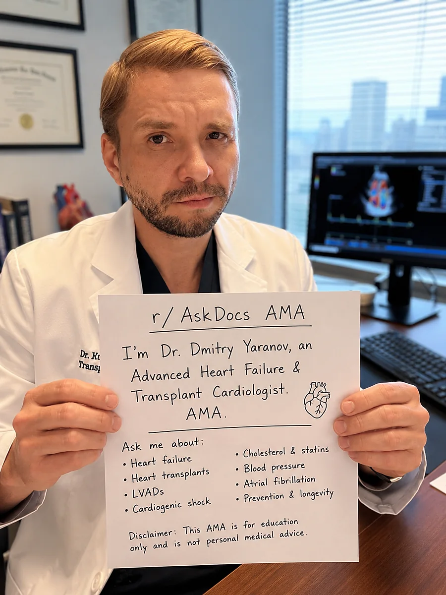 Dr. Yaranov in his white coat holding a handwritten r/AskDocs AMA sign that lists the heart topics he answers