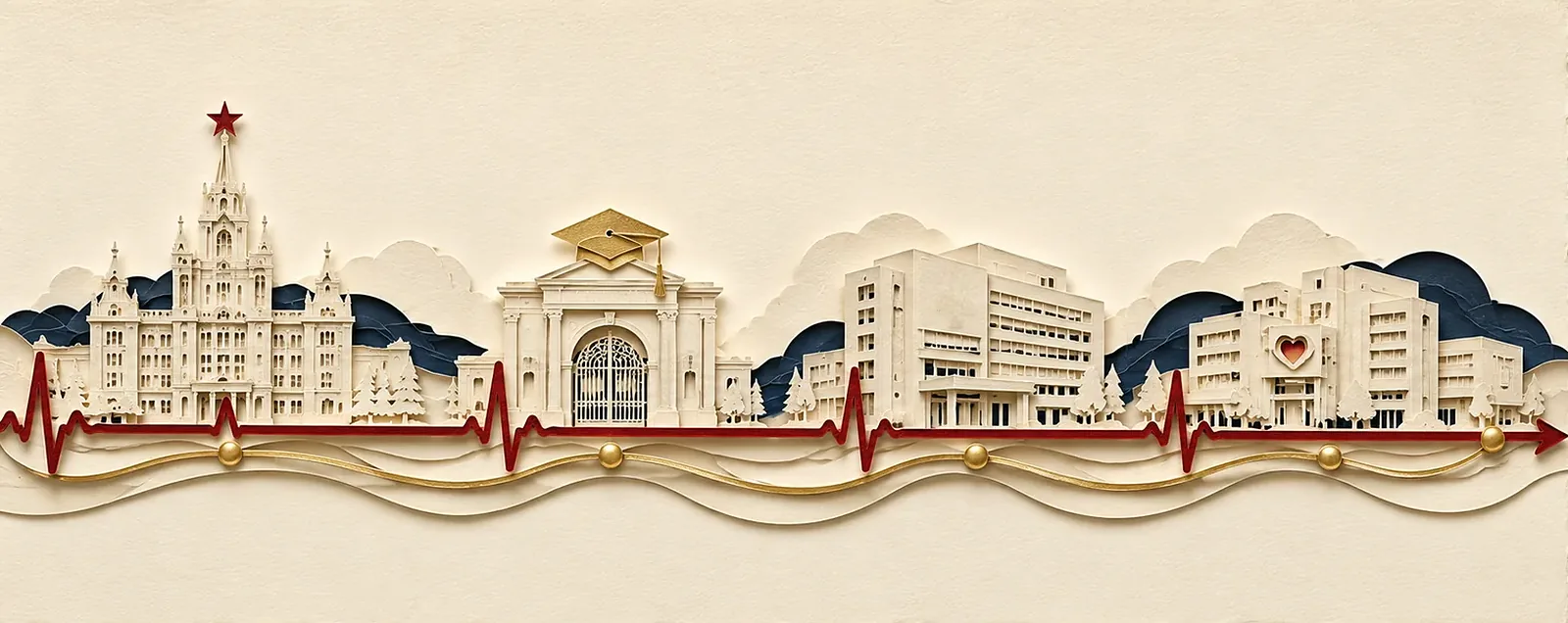 A papercut skyline drawn along one ECG line: a Samara university tower, a graduation arch, an American hospital, and a building marked with a heart