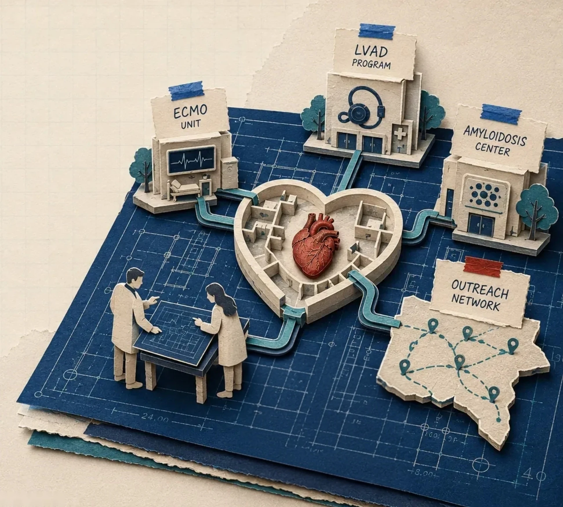 A papercut blueprint of a heart program: an LVAD program, an ECMO unit, an amyloidosis center and an outreach network around a heart, with two people at a drawing table